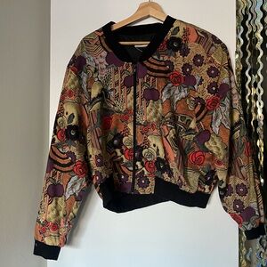80s vintage multi-coloured cropped bomber jacket with flowers & apples